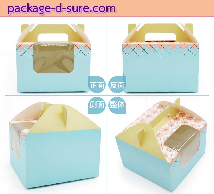 กล่องหูหิ้วคัพเค้ก 4 ชิ้น 15.5x15.5x10 สีฟ้าลายชมพู