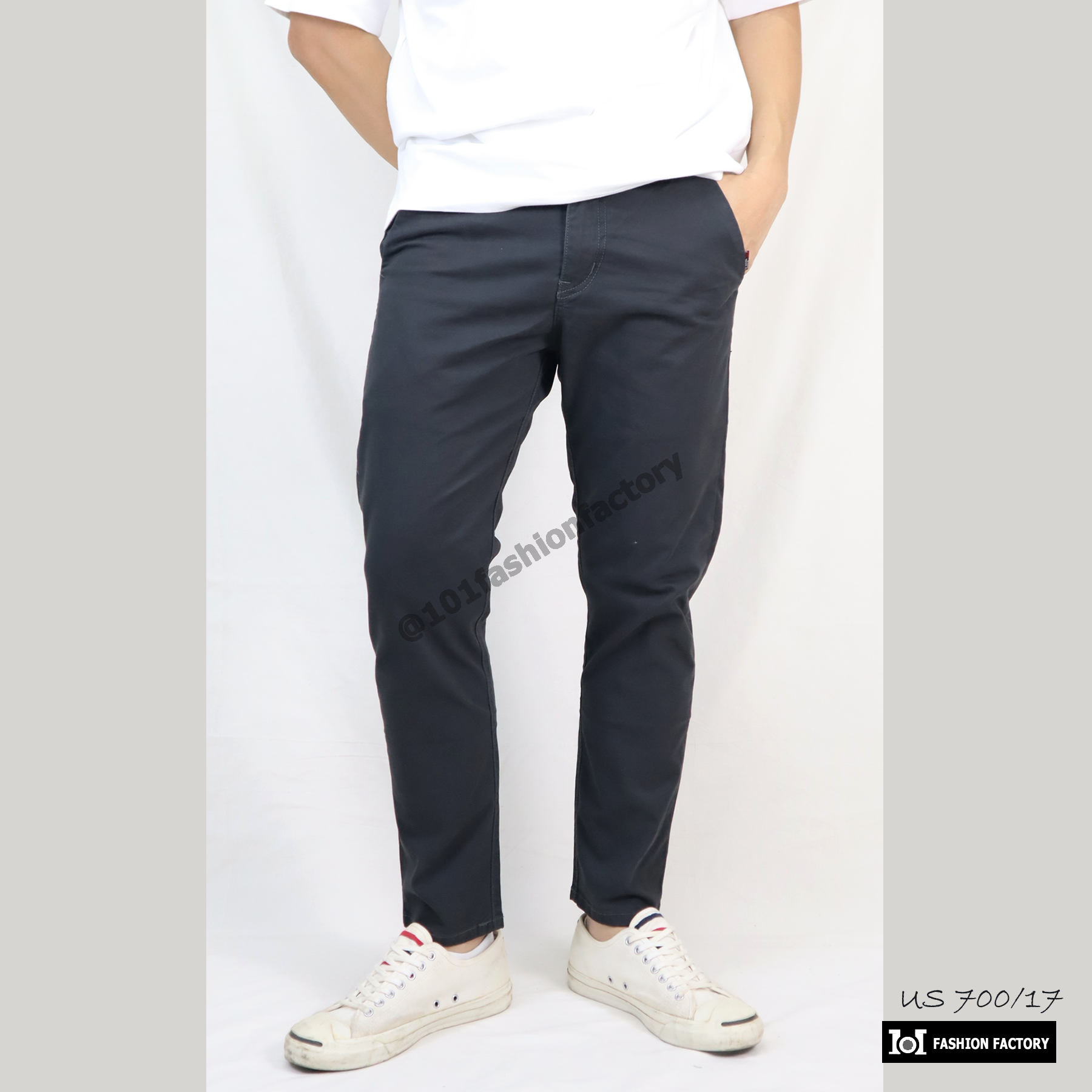 กางเกงขาเต่อ No.700/17 ผ้ายืดทรงเข้ารูป ใส่สบาย ทันสมัยทุกโอกาส สีเทาดำ | US101