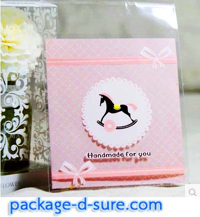 ล้างสต็อก//ถุงคุกกี้ แถบกาว 10x10 ลายม้าโยก Handmade for you พื้นชมพูอ่อน แพ็ค 100 ใบ