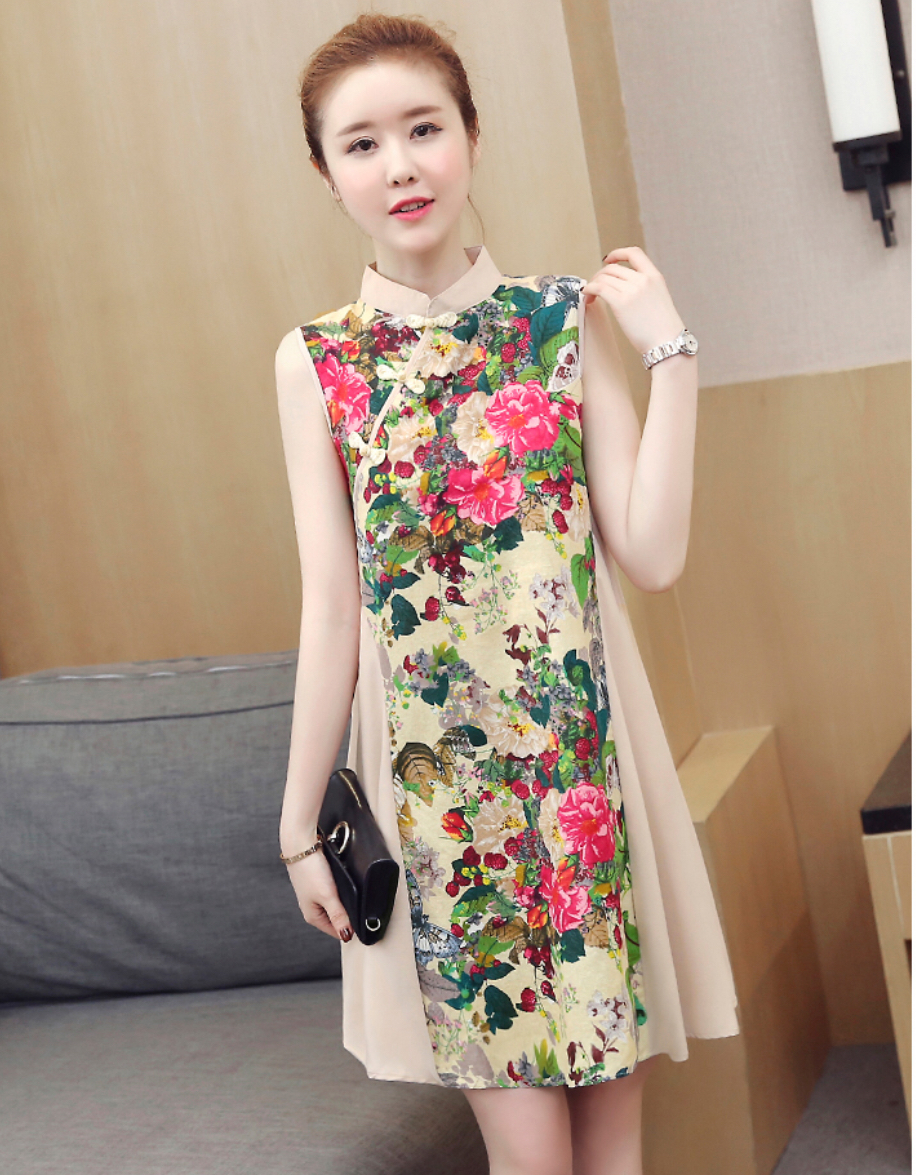 เดรสสั้นสีอัลมอนด์ ผ้าลินิน เนื้อดี ใส่สบาย รหัส sho 69