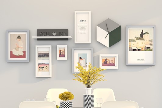 ชุดกรอบรูปติดผนัง French Art กรอบรูปไม้ 7 ชิ้น + นาฬิกา + ชั้นวาง พร้อมรูปภาพตามแบบและวัสดุติดตั้ง