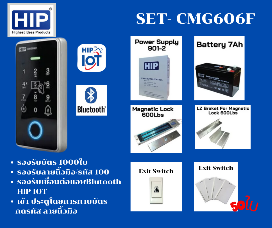 (ชุดติดตั้งเอง) ชุดเซ็ต Access Control เข้า-ออก ประตู ทาบบัตร กดรหัสผ่าน HIP CMG- 606F ใช้งานผ่านแอพ HIP IOT เชื่อมต่อผ่าน blutooth