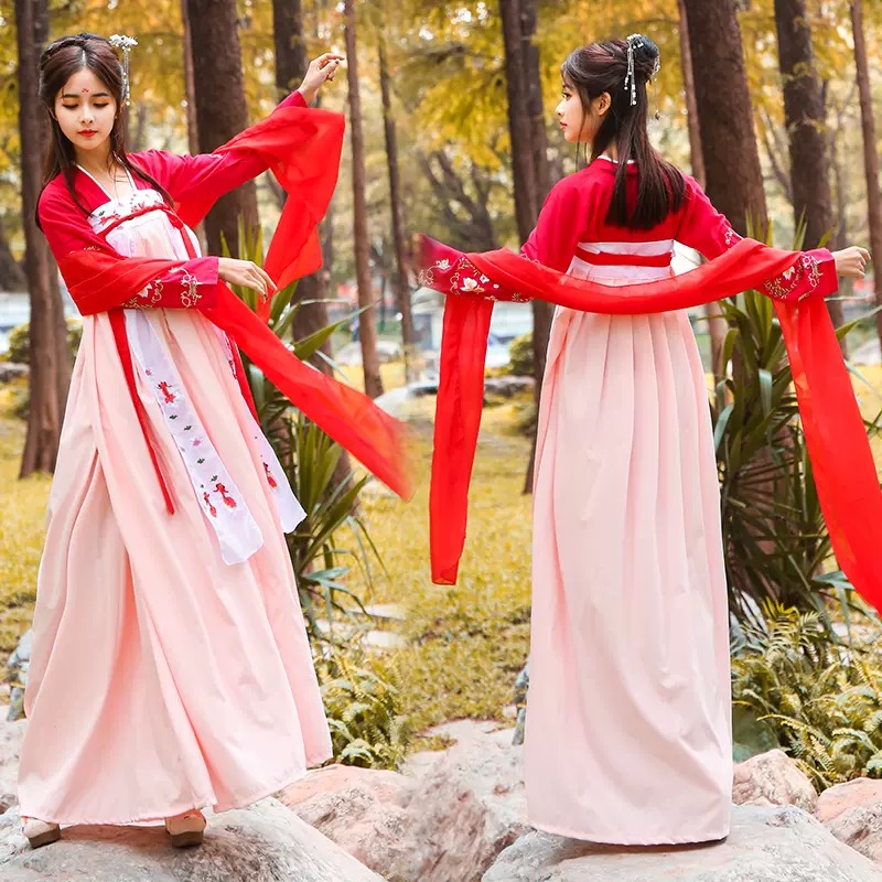 ชุดจีนหญิงฮั่น สีแดง+ชมพู ลายปักรูปปลา รหัส EL 60 สินค้าพร้อมส่ง