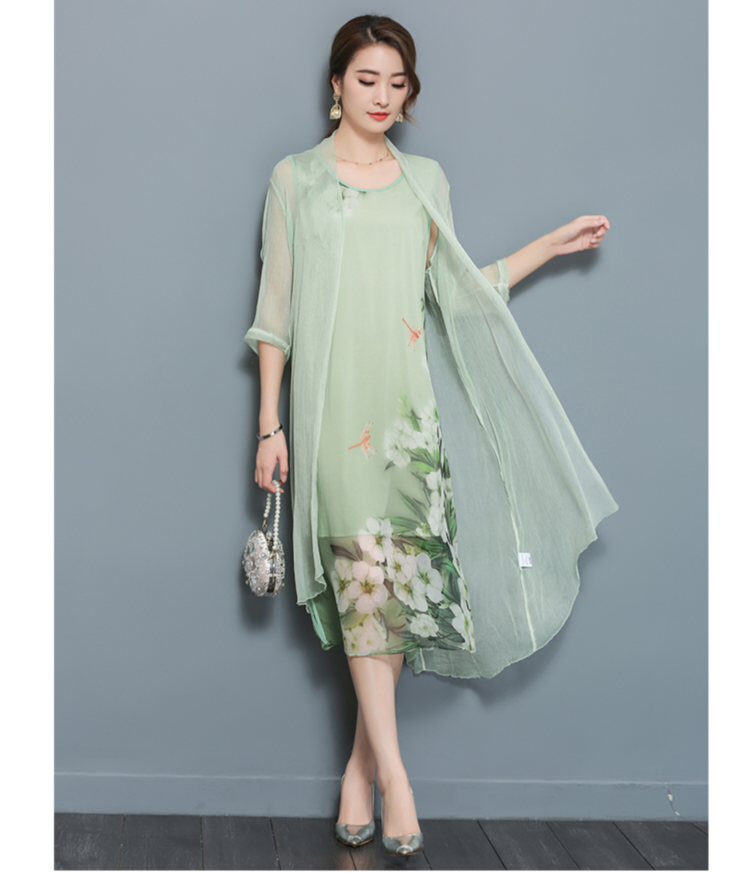 เดรสสีเขียว ผ้าชีฟอง+ผ้าซาติน รหัส SH 71 สินค้าพร้อมส่ง