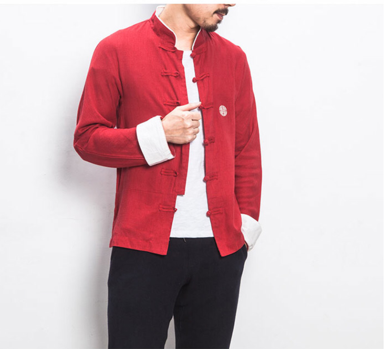 เสื้อจีนชาย ผ้าฝ้ายสีแดง ลายปัก C104 สินค้าพร้อมส่ง