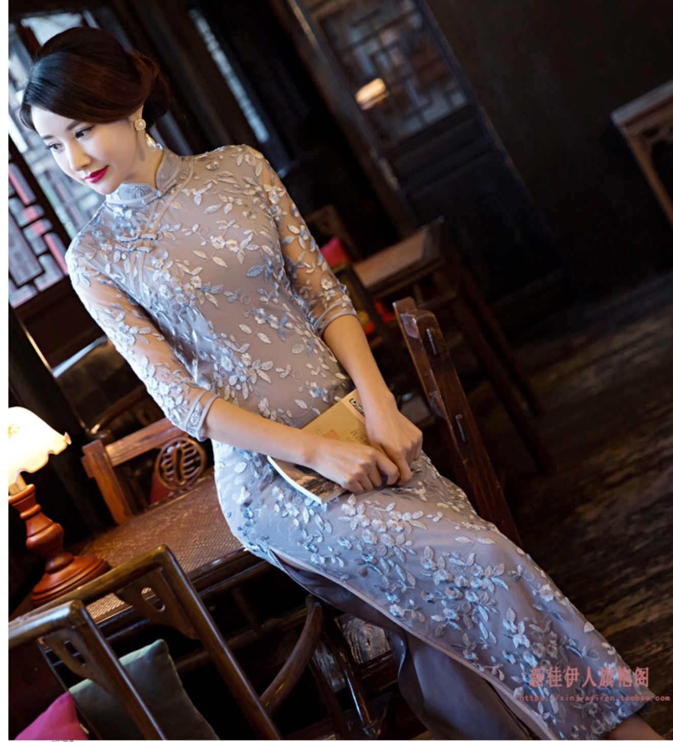 กี่เพ้ายาว ลูกไม้ สีเทา . รหัส GRAY 166 สินค้าพร้อมส่ง