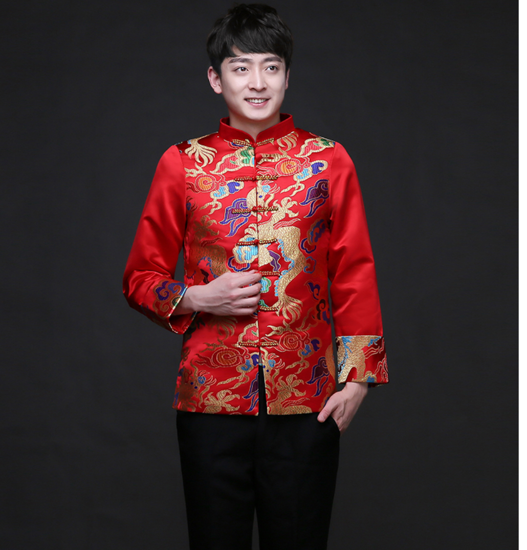 เสื้อจีนผู้ชายสีแดงลายมังกร 2 ด้าน สีทองน้ำเงิน ZH135 พร้อมส่ง