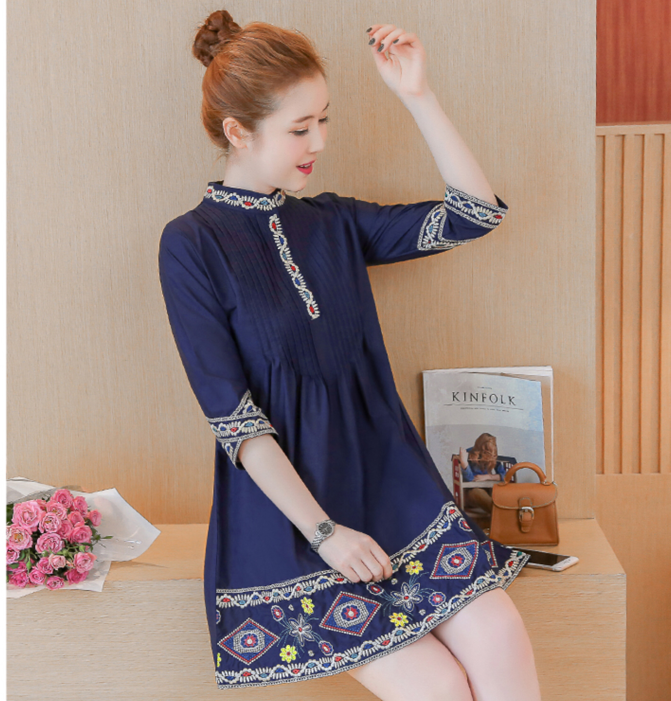 เดรสสั้นสีน้ำเงินผ้าร่ม เนื้อดี ใส่สบาย รหัสOU 98