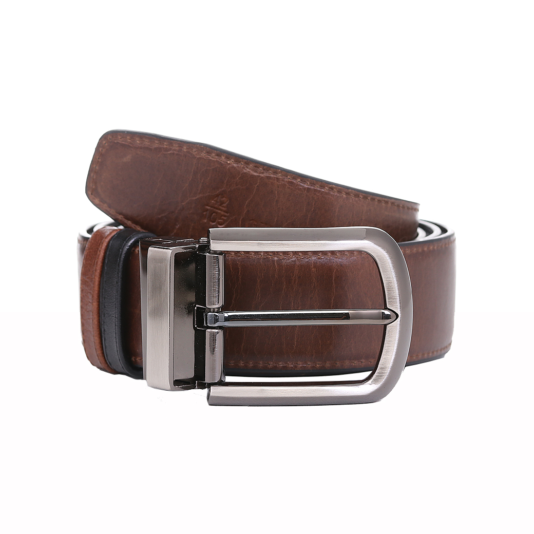 เข็มขัดหนังแท้ สำหรับผู้ชาย แบบ Two Tone สองสี ดำ-น้ำตาลอ่อน หัวบิดกลับได้ รุ่น Twist