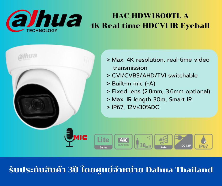 8MP built-in mic 4K Real-time HDCVI IR Eyeball Camera Dahua HAC-HDW1800TL-A