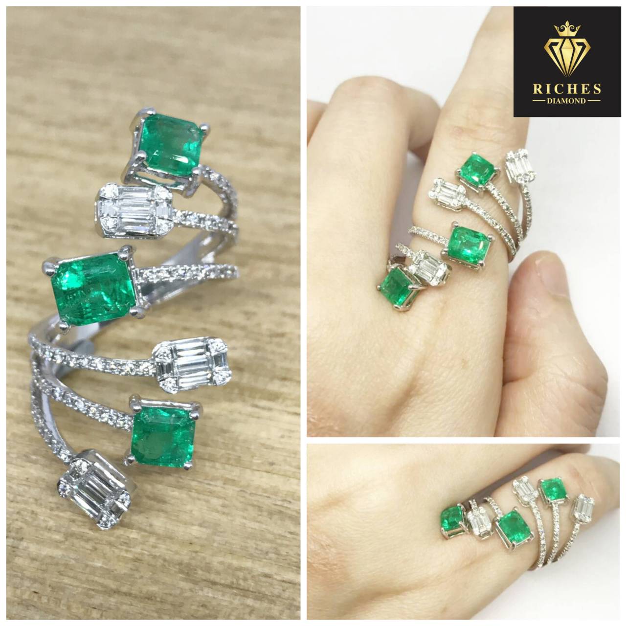 แหวนพลอยโมราสีเขียวแท้ทองคำขาว18K น้ำหนักรวม 3.28 cts