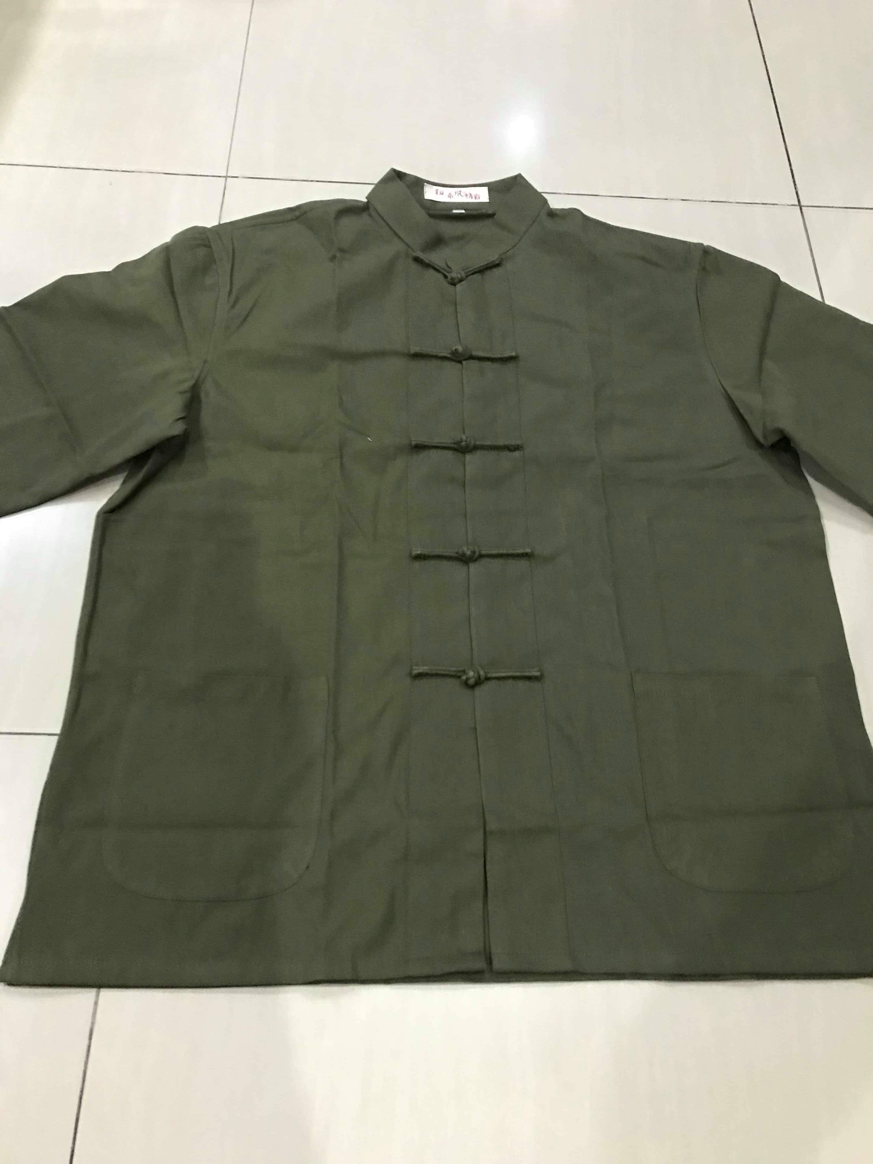 เสื้อจีนชายผ้าฝ้ายผสมผ้าลินิน. สีเขียวขี้ม้า รหัส SIX39. สินค้าพร้อมส่ง