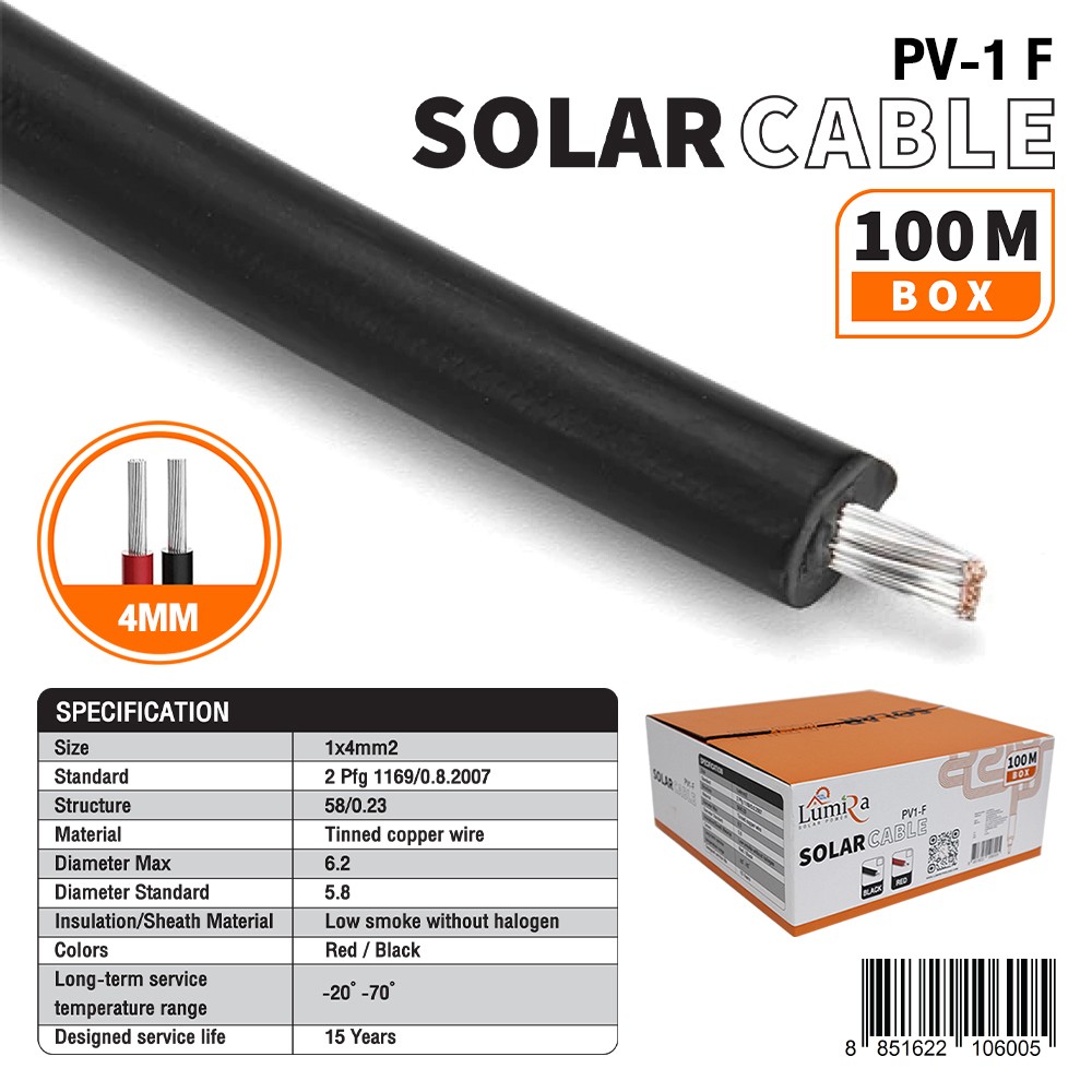 Lumira SOLAR CABLE รุ่น PV-1 F 4mm. (ฺBlack 100M/BOX) แข็งแรงทนทาน รับรองจากมาตรฐาน TUV