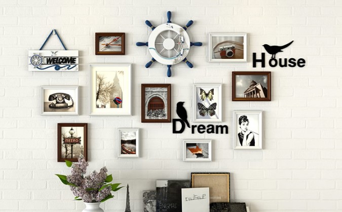 ชุดกรอบรูปติดผนังแนวทะเล Mediteranean Style5 (ฺBrown) กรอบรูปไม้ 11 ชิ้น พร้อมภาพและของตกแต่งแนวทะเล