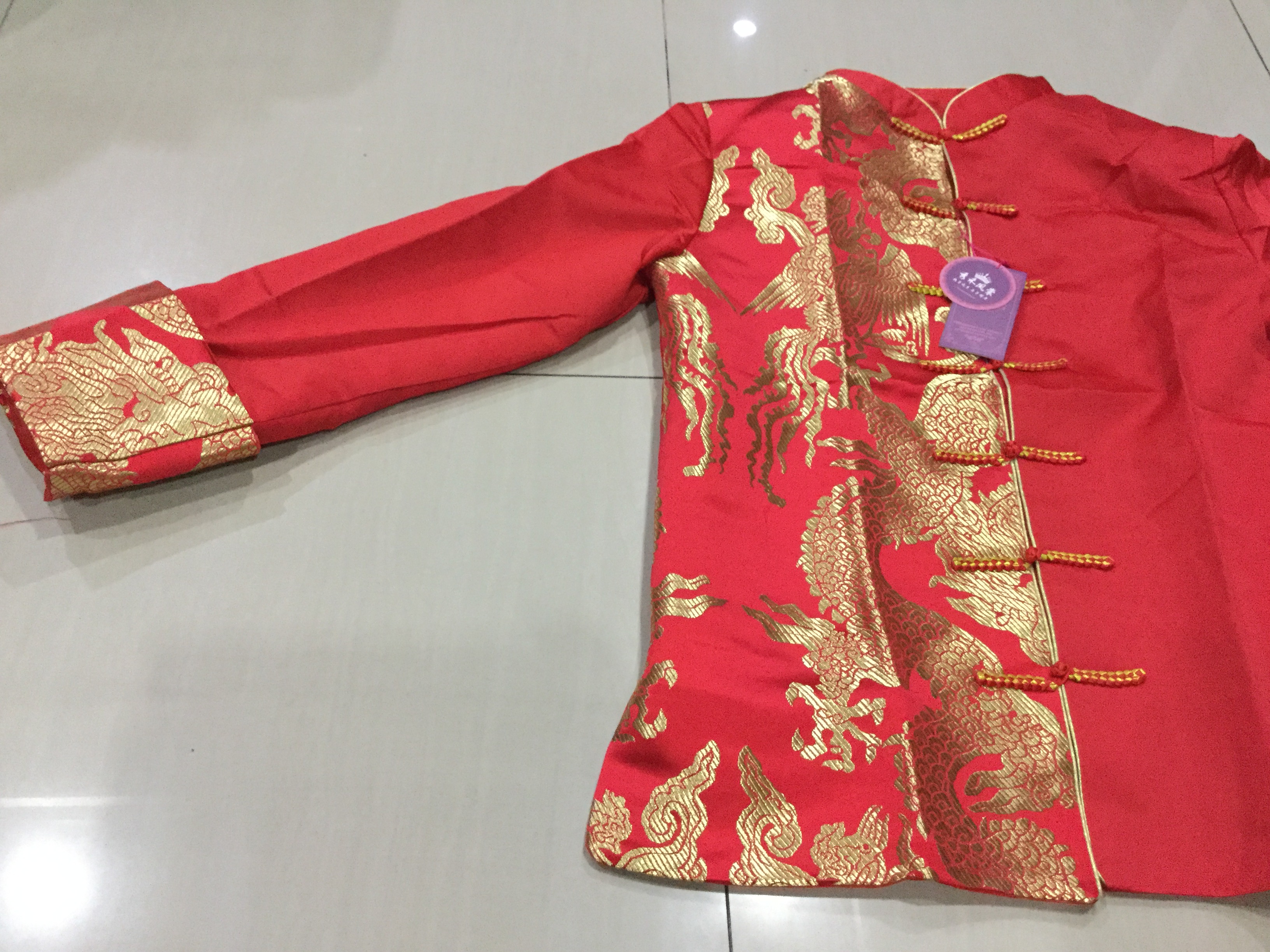 เสื้อจีนผู้ชายสีแดงลายมังกร สีทอง ZH135