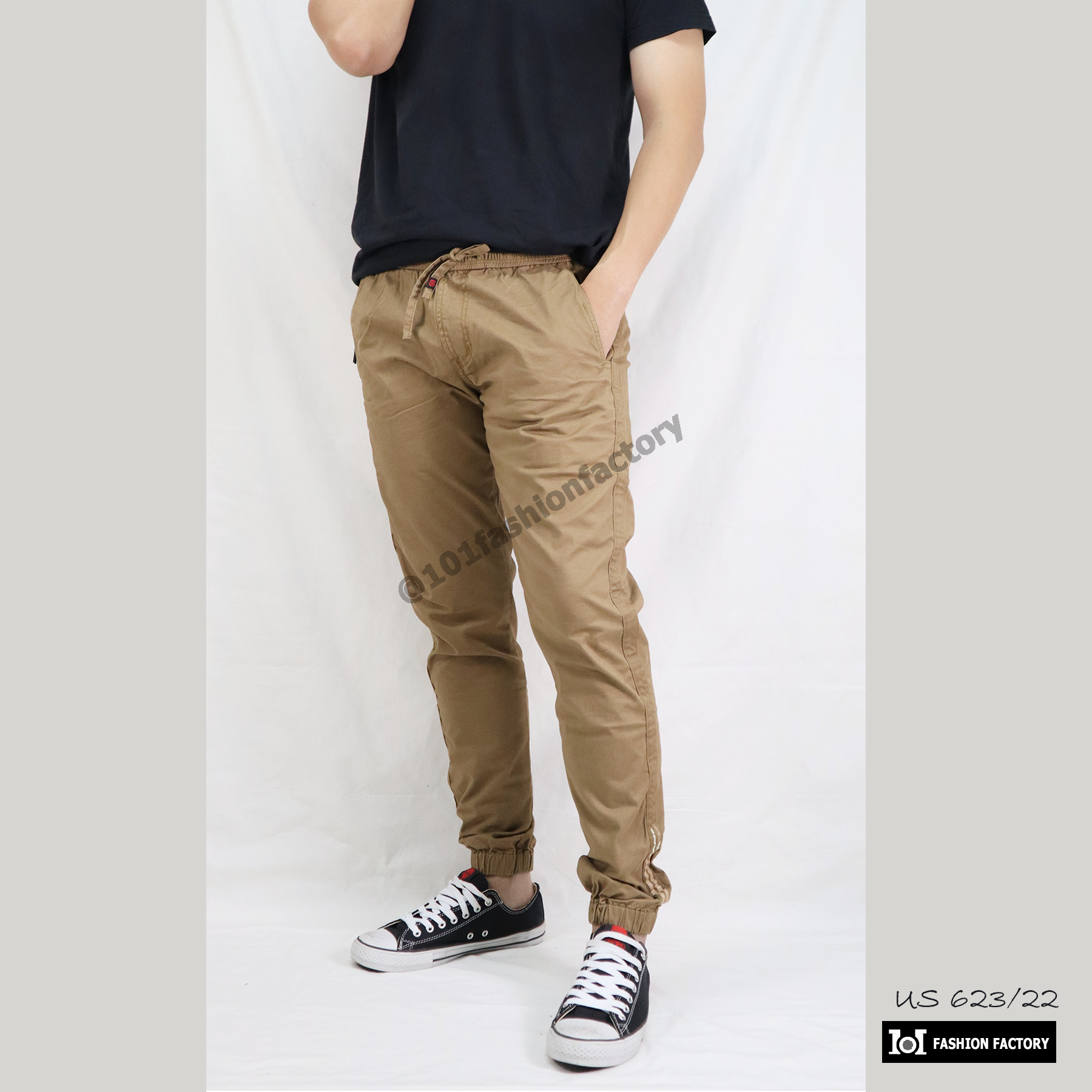 กางเกงจ็อกเกอร์ US623/22 กางเกงJogger Pants คอตตอนยืด สีกากี|US101