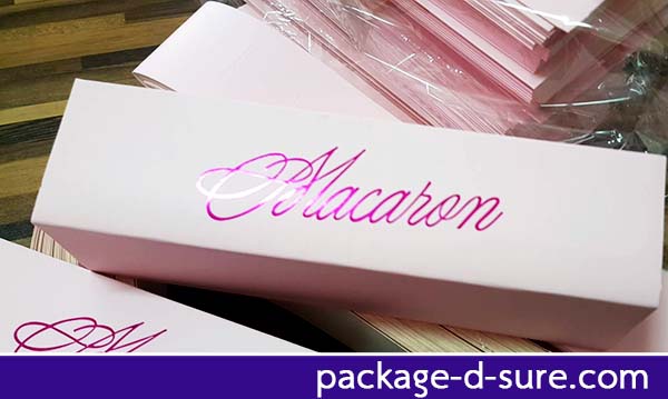 โปรโมชั่น//กล่องมาการอง 6 ชิ้น 5.4x20.5x5.3 สีชมพูนม ลายเซ็นต์ macaron