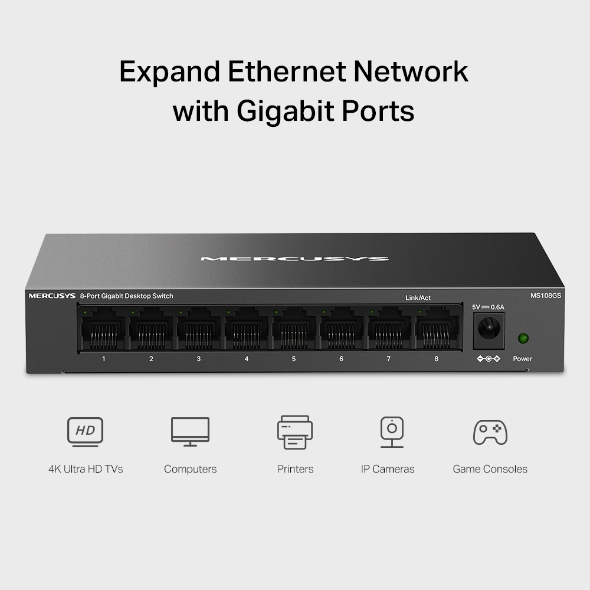 MS108GS 8-Port Gigabit Desktop Switch แบรนด์ MERCUSYS รับประกันสินค้า 3 ปี