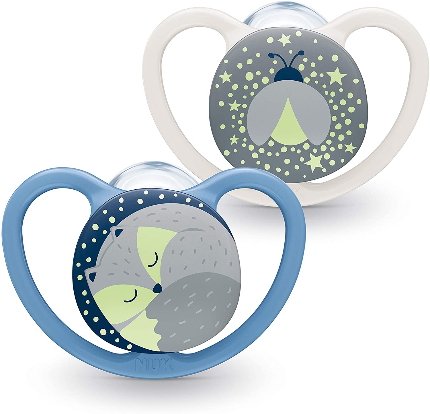จุกหลอก NUK Space Night Baby Dummy 6-18 เดือน (Fox & Firefly) 2 ชื้น Blue Glow in the Dark เรืองแสงในที่มืดจุกนมหลอกพร้อมการระบายอากาศพิเศษ ซิลิโคนปลอดสาร BPA