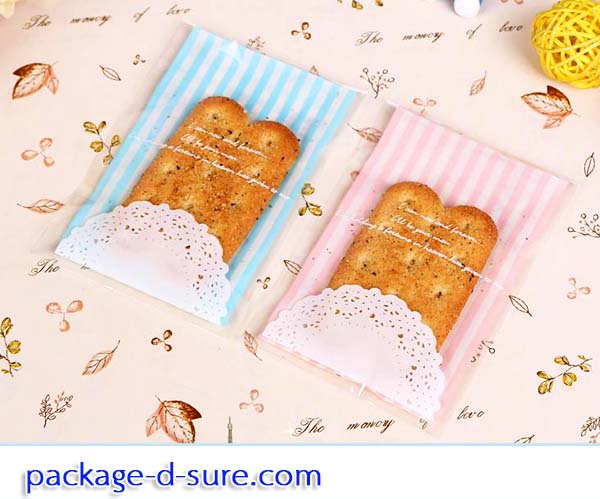 ถุงคุกกี้แถบกาว 7x10 แบบยาว ลายตารางฟ้า แพ็ค 100 ใบ