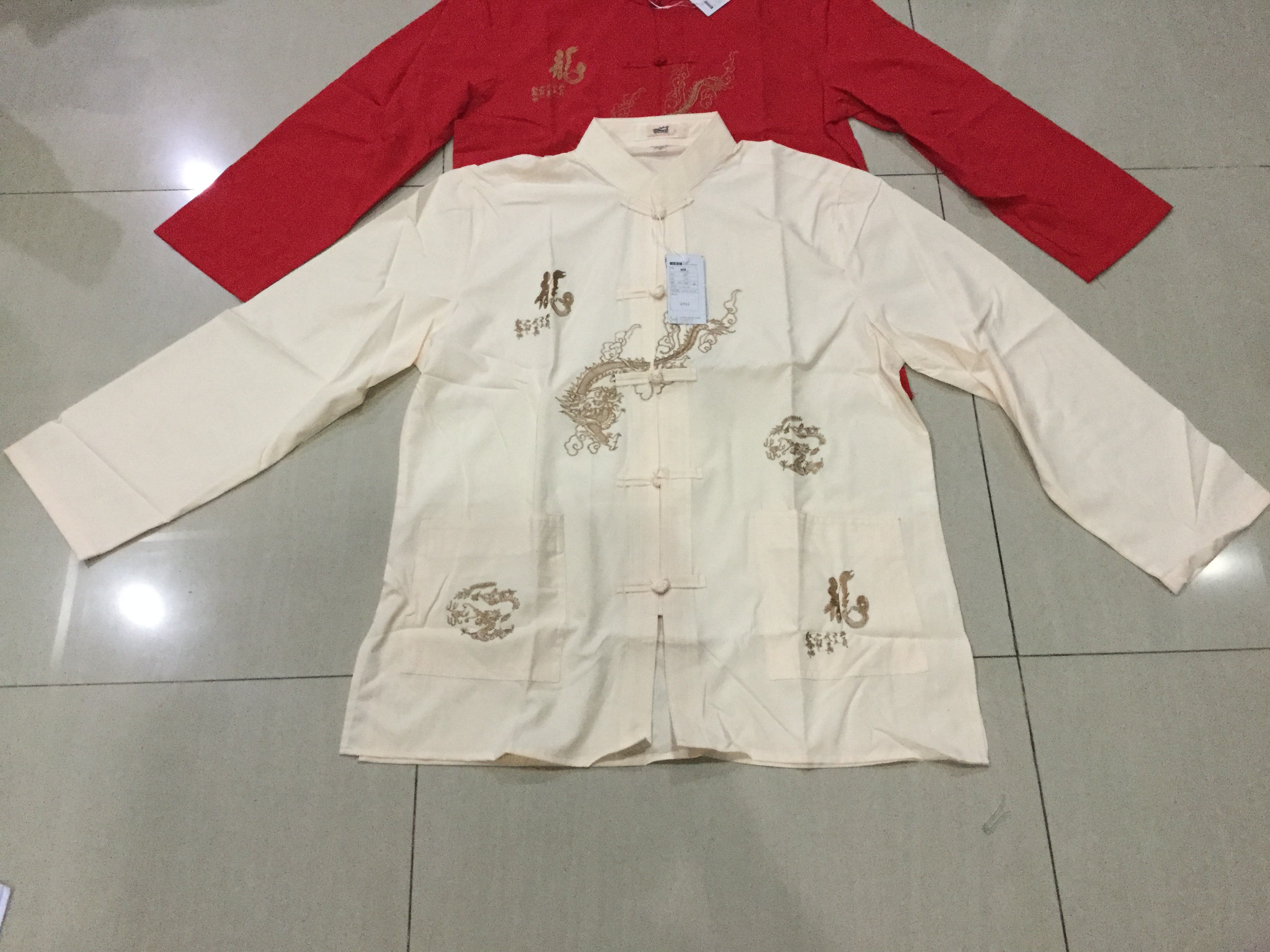 เสื้อจีนชาย ผ้าลินิน ลายปักมังกรสีเบจ I55สินค้าพร้อมส่ง