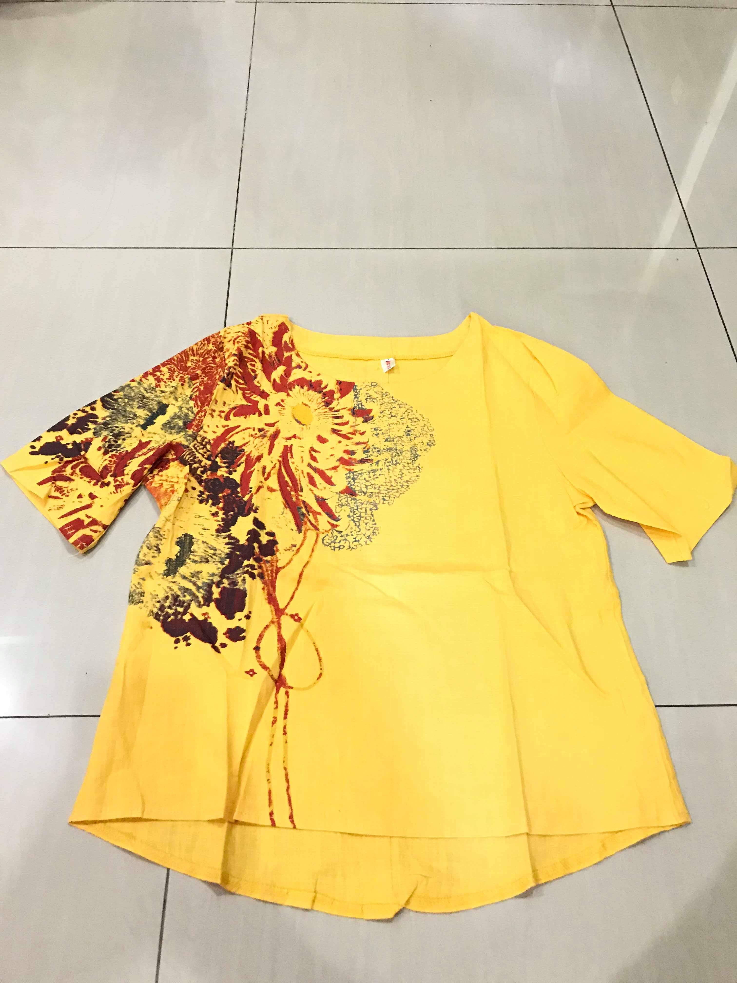 เสื้อผ้าฝ้าย แบบสวมหัว สีเหลืองลายสกรีน รหัส HM 28สินค้าพร้อมส่ง