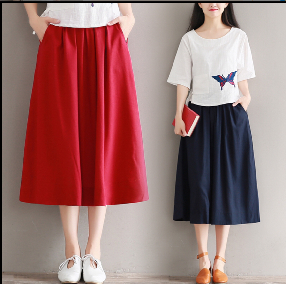 กระโปรงผ้าฝ้าย สีแดง / สีน้ำเงิน / สีเขียว รหัส H 38 สินค้าพร้อมส่ง