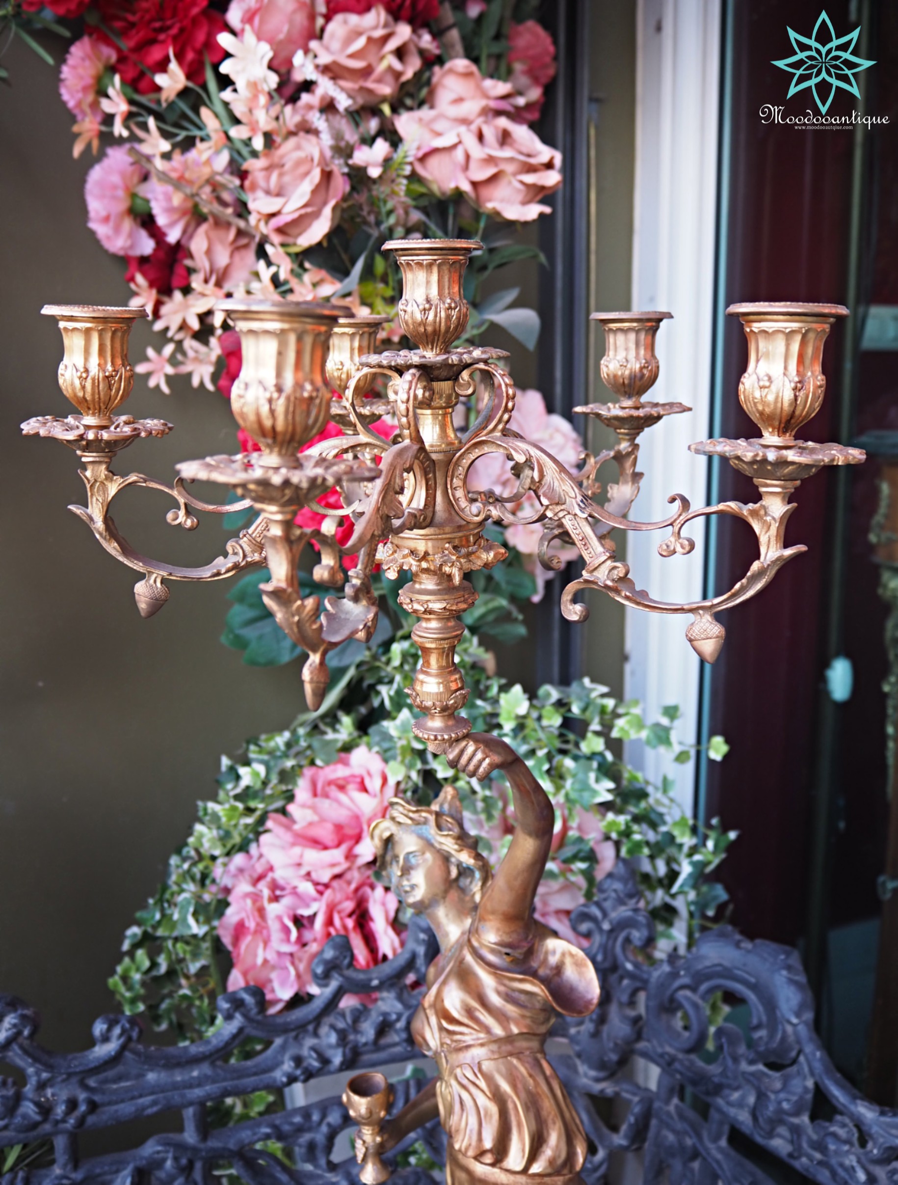 เชิงเทียนบรอนซ์รูปปั้นเทพีคู่งาน Art Nouveau Antique L&F Moreau