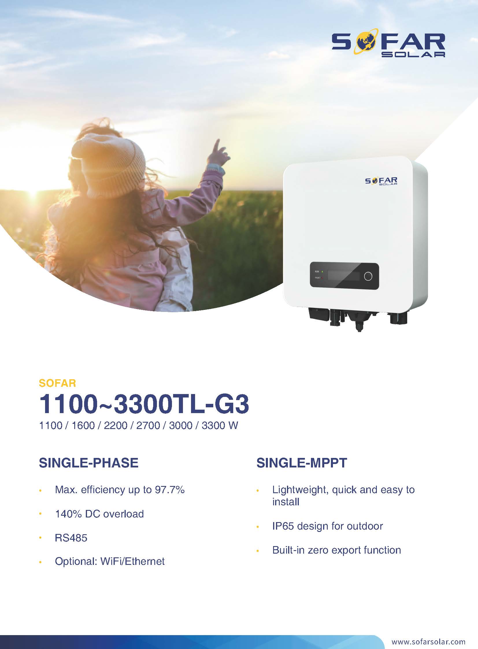 อินเวอร์เตอร์ ออนกริด SOFAR 3.3Kw รุ่น 3300TL-G3 + Wifi + กันย้อน PEA/MEA (ประกัน 5 ปี)