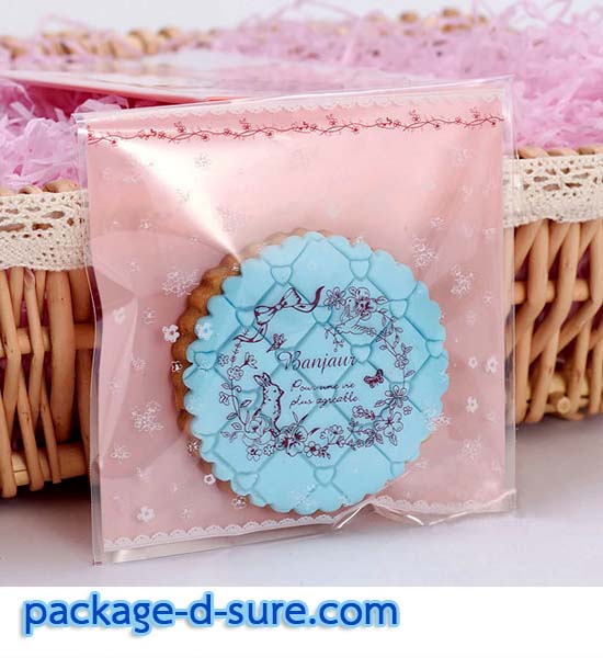 ล้างสต็อก//ถุงคุกกี้ แถบกาว 7x7 ลาย bonjour ลูกไม้ใส หลังชมพู แพ็ค 100 ใบ