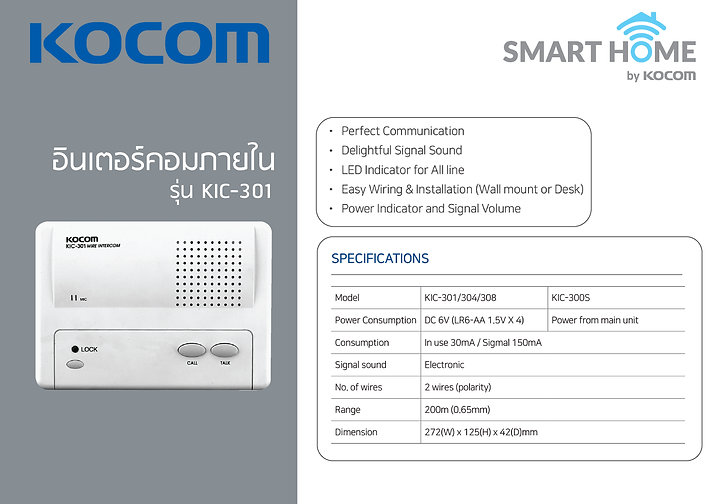 KOCOM INTERCOM รุ่น KIC-301 ตัวแม่ 1 จุด