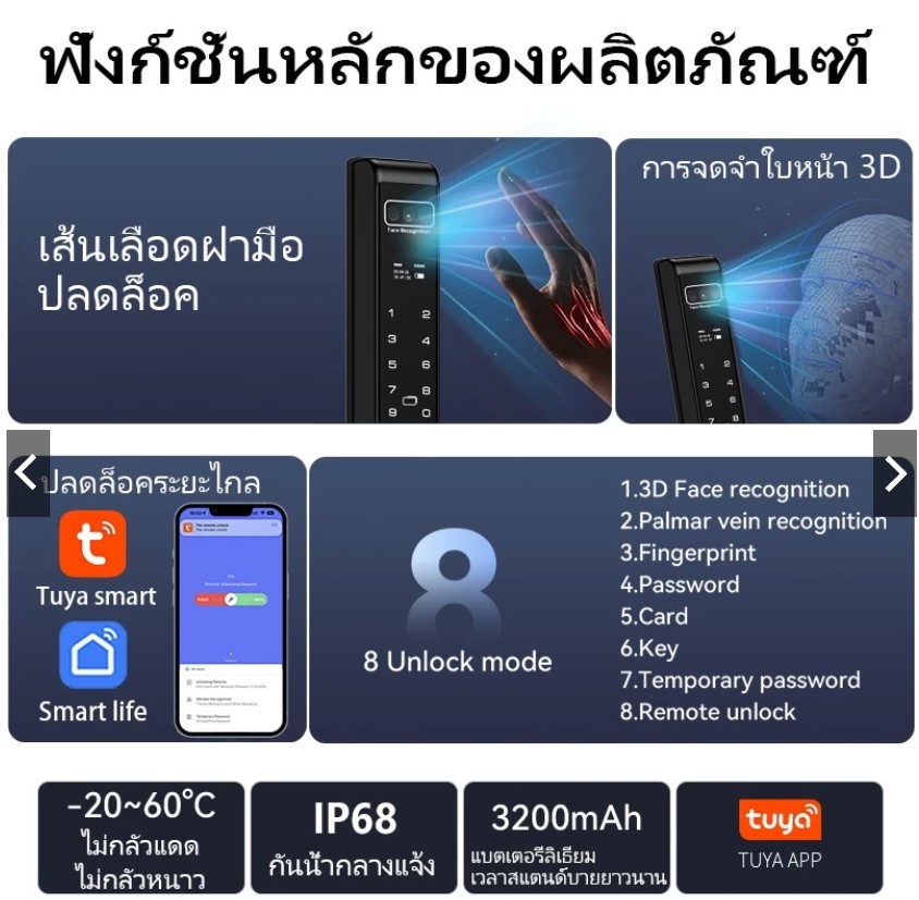 (พร้อมติดตั้ง) บานสวิง Smart Digital Door Lock 3D Facescan สแกนใบหน้า Wifi Tuya App ฝ่ามือ นิ้วมือ รหัส การ์ด กุญแจ 8900 บาท ใช้กับบานสวิงIP65สมาร์ทล็อค *** ประตูบานสวิง ติด ภายนอกได้กันน้ำ