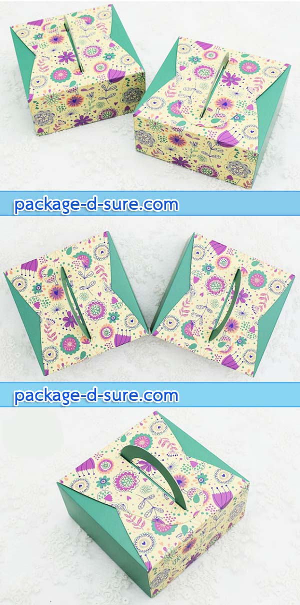 โปรโมชั่น//กล่องจัตุรัส หูหิ้ว 14x14x6.5 สีเขียว ลายกราฟฟิกดอกไม้