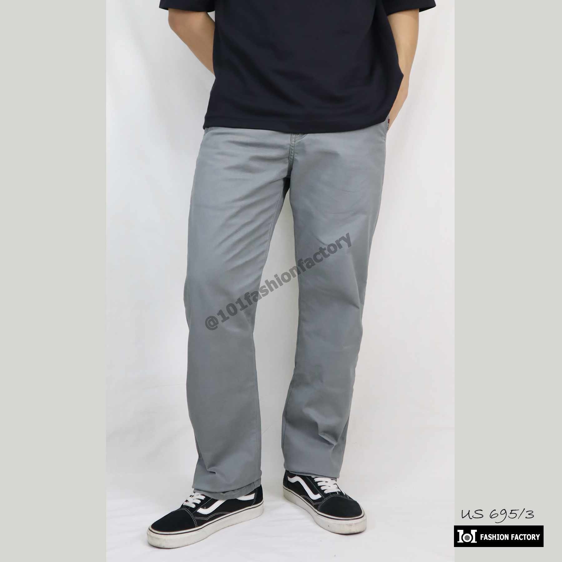 กางเกงขายาวทรงกระบอก NO.695/3 สไตล์คลาสลิคผ้ายืดคอตตอนทวิล สีเทาเขียว | US101