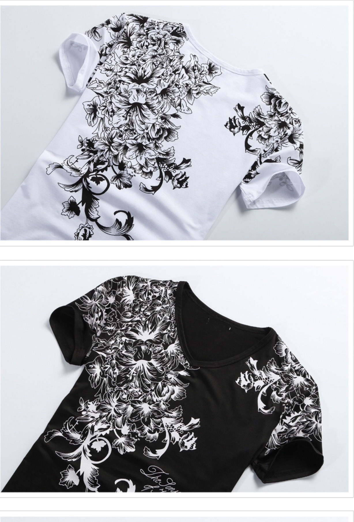 เสื้อผู้ชาย ผ้ายืด คอวี แขนสั้นลายดอกสีขาว รหัส SS 65 สินค้าพร้อมส่ง