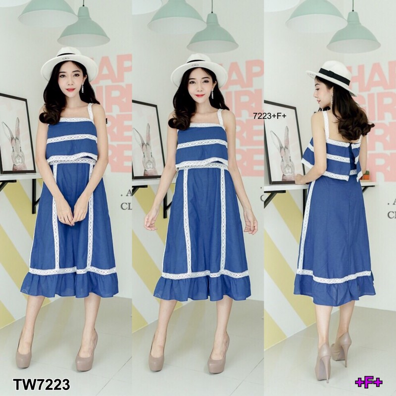 เดรสสายเดี่ยว ระบายอก ชายระบาย แต่งเทปลูกไม้