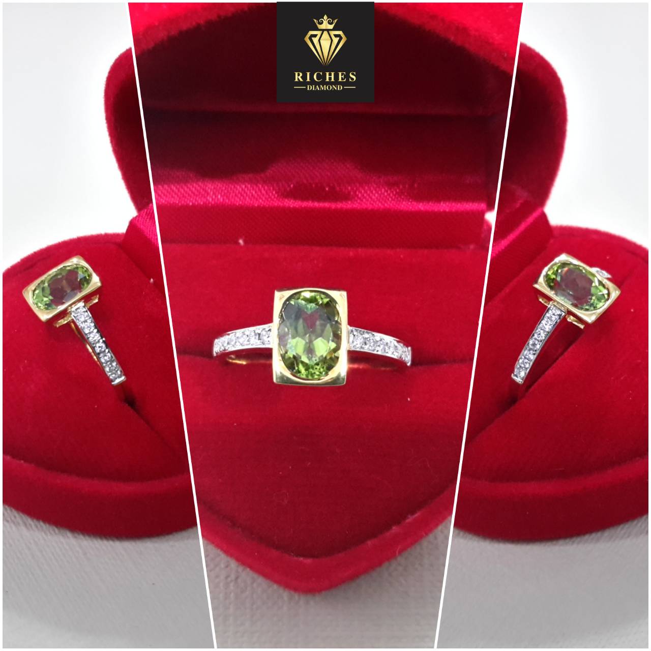 แหวนทองคำแท้ประดับพลอยกรีนเพริดอตแท้สีเขียวใส (Green Peridot) 1 กะรัต ฝังเพชรเบลเยี่ยมแท้ 0.14 cts