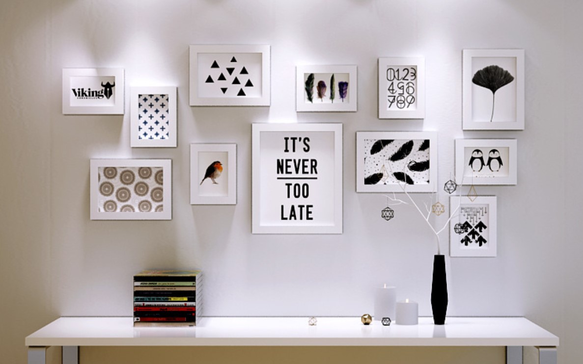 ชุดกรอบรูปติดผนัง White 12 กรอบรูปไม้สีขาว 12 ชิ้น พร้อมรูปภาพตามแบบและวัสดุติดตั้ง