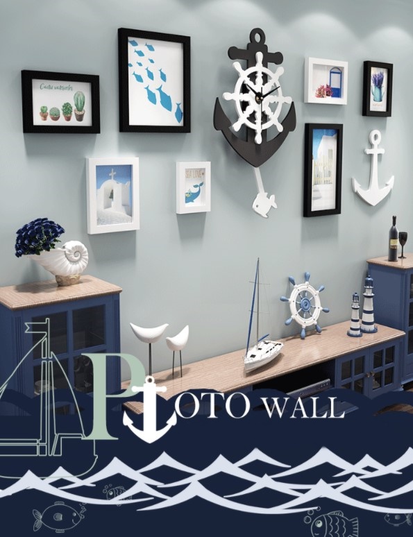 ชุดกรอบรูปติดผนัง Anchor Clock กรอบรูป 7 ชิ้น+สมอเรือ+นาฬิกาสมอเรือ พร้อมรูปภาพตามแบบและวัสดุติดตั้ง