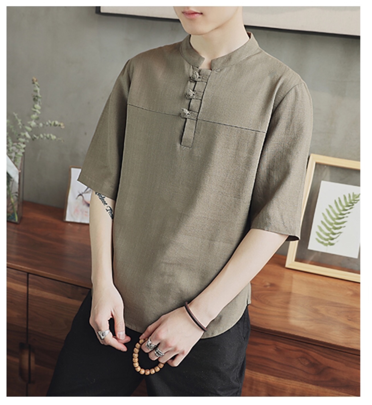 เสื้อผู้ชาย ผ้าลินิน สีน้ำตาลอ่อน รหัส FO 74 สินค้าพร้อมส่ง