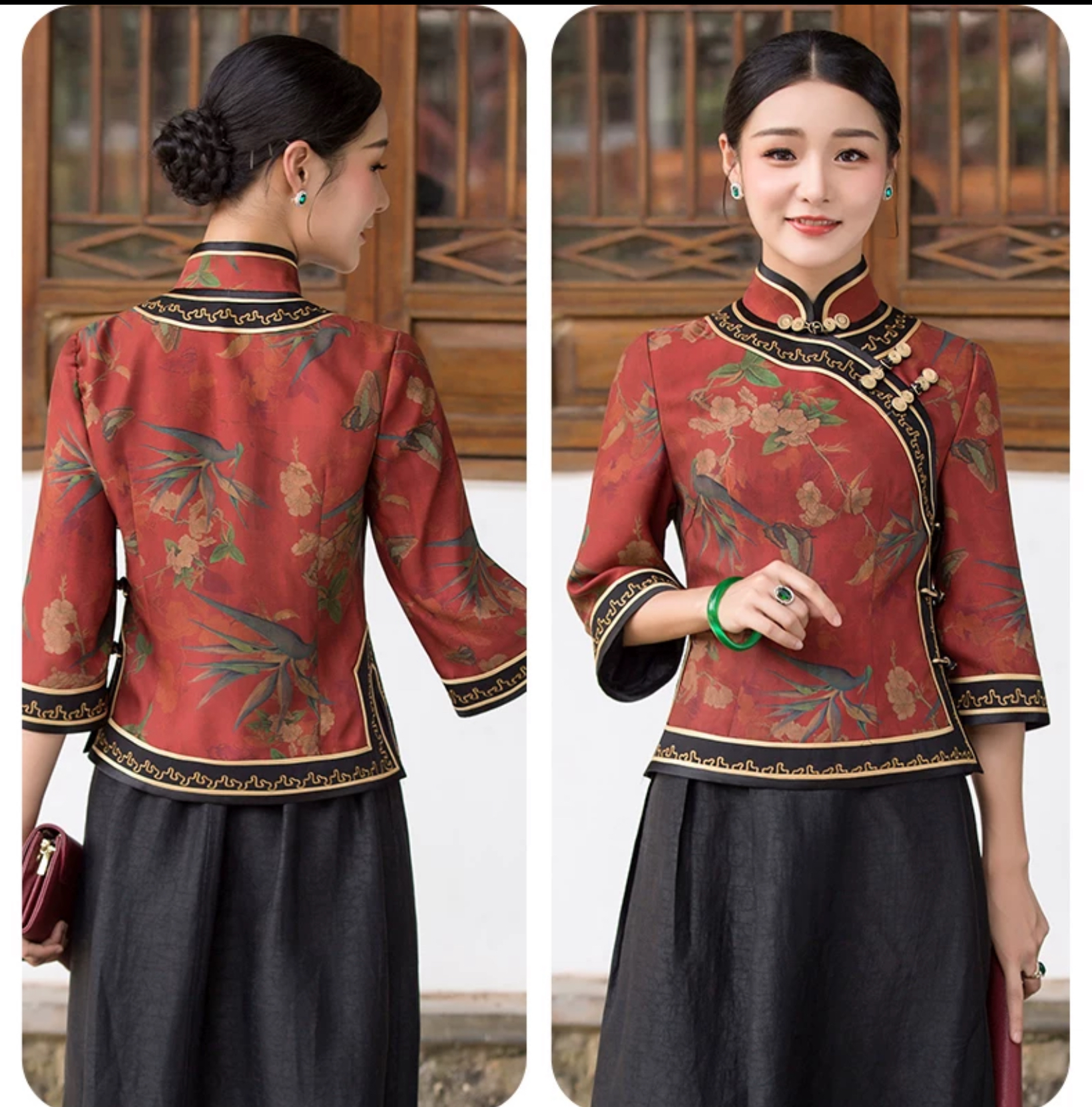 เสื้อไหมผสมโทเร สไตล์จีนโบราณ แขนสามส่วน สีแดง รหัสLB 79 สินค้าพร้อมส่ง