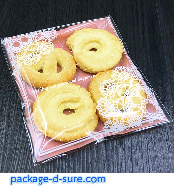 ล้างสต็อก//ถุงคุกกี้ แถบกาว 10x11 ลายลูกไม้ใส หลังชมพู แพ็ค 100 ใบ