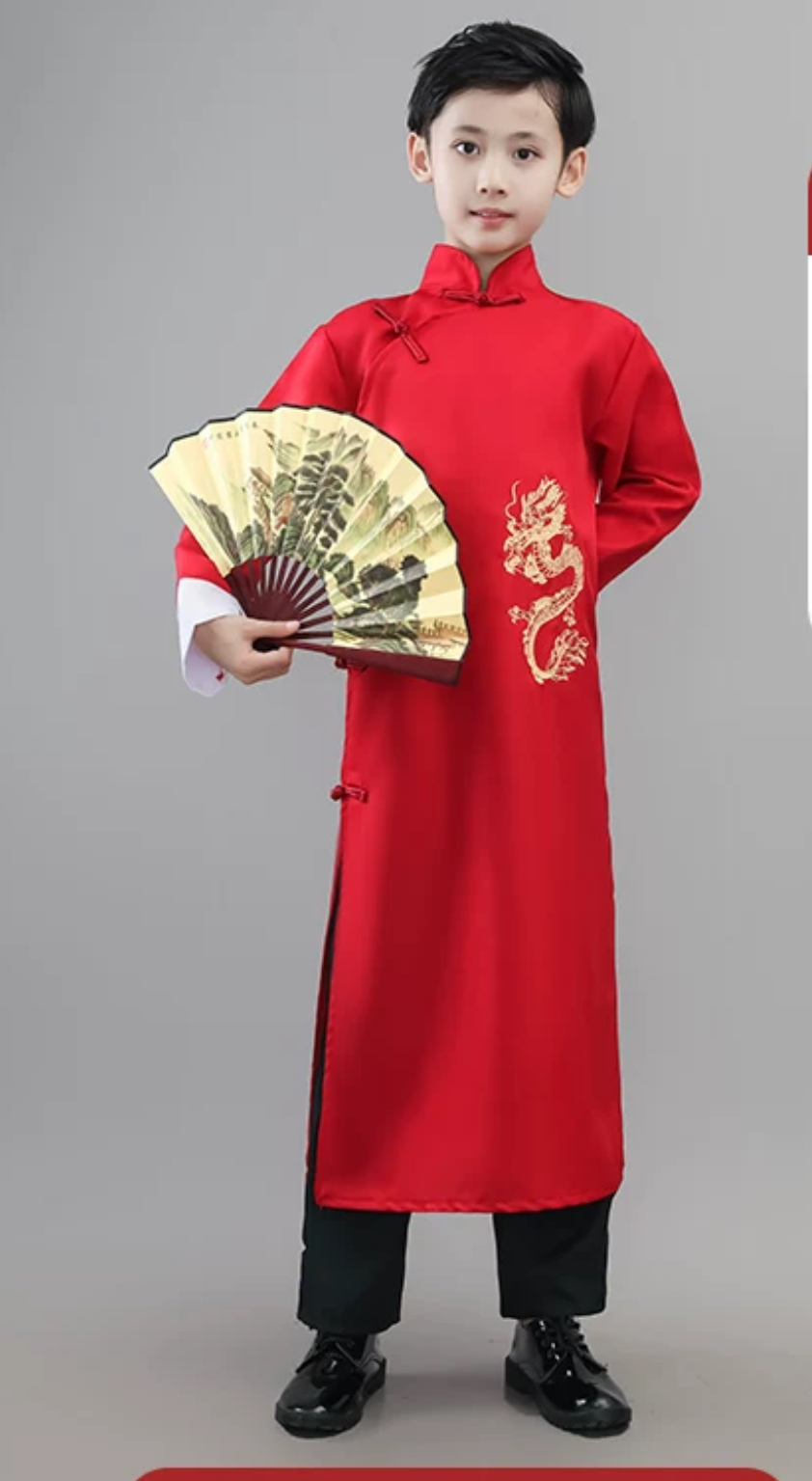 ชุดเจ้าพ่อเซี่ยงไฮ้เด็ก. สีแดง ลายปักมังกร รหัส HZ 30