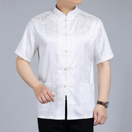 เสื้อคอจีนผู้ชายสีขาวลายต้นไม้ รหัส JC98