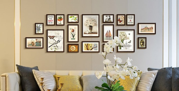 ชุดกรอบรูปติดผนัง Retro (Brown18) กรอบรูปไม้สีน้ำตาล 18 ชิ้น พร้อมภาพตามแบบและวัสดุติดตั้ง