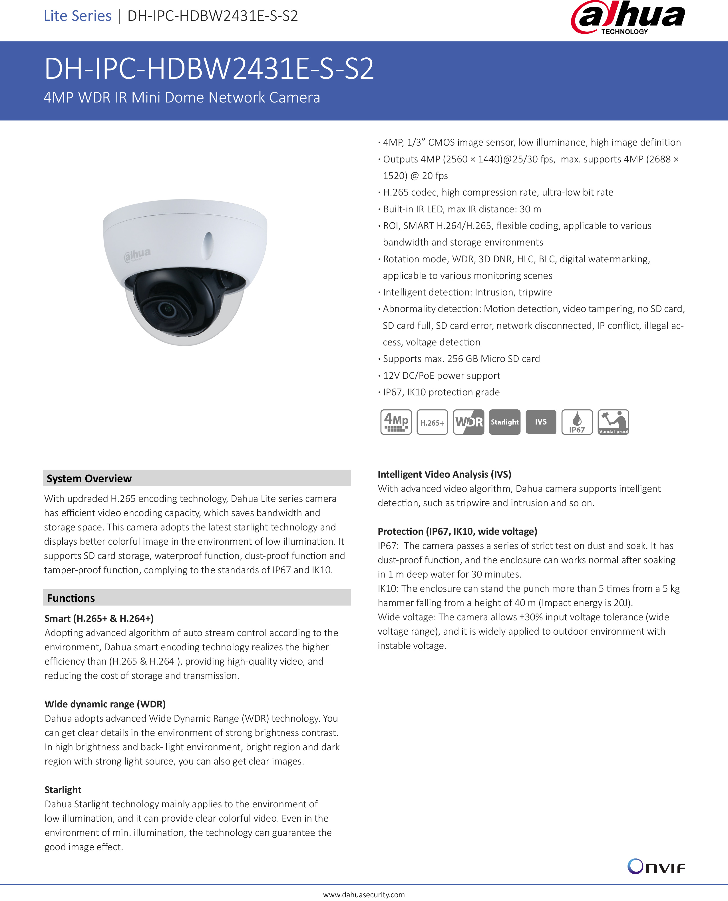 DHU-2431EP-S-S2-36 4MP Dome 3.6mm H.265+ IP67/IK10