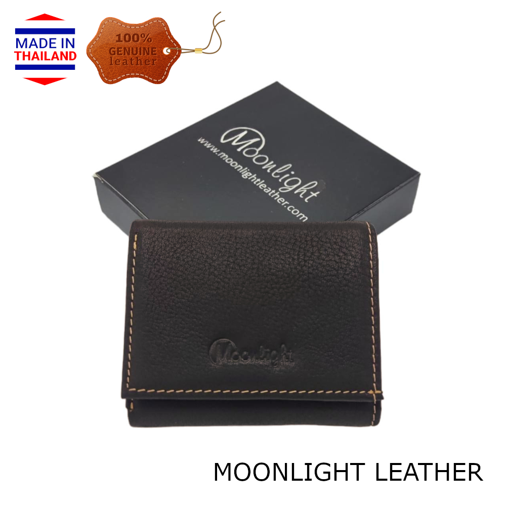 กระเป๋าสตางค์หนังแท้ หนังวัว Moonlight สามพับสั้น สีน้ำตาลเข้ม มีช่องใส่เหรียญ เล็กจิ๋ว พกง่าย ใส่กระเป๋าเสื้อได้ มีกล่อง