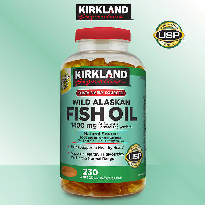 ** CLEARANCE ขนาดแบ่งขาย ** Kirkland Wild Alaskan Fish Oil 1400mg 60 softgels มีโอเมก้า 8 ชนิด ทานวันละเม็ดค่ะ หมดอายุ 11/2025