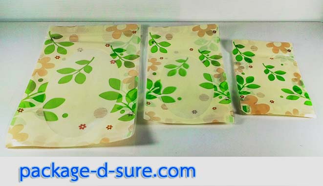 ถุงพลาสติก ไม่ตั้ง มีซิป สีเหลืองดอกไม้ หน้าต่างวงรี แพ็ค 45 ใบ