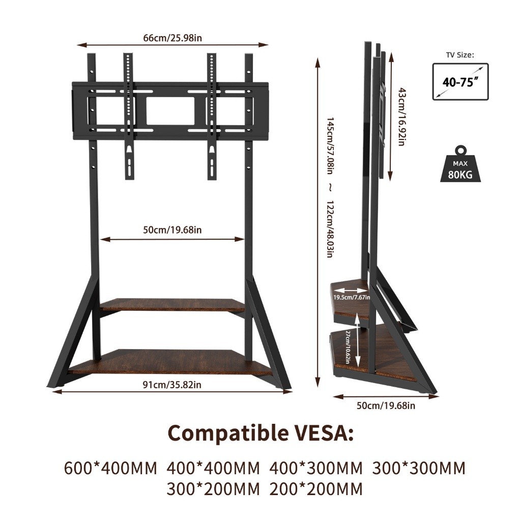 ขาตั้งทีวีตั้งพื้นขาตั้งพื้นทีวีอุตสาหกรรมพร้อมชั้นวางไม้ 2 ชั้นปรับความสูงได้ขาตั้งทีวีสำหรับทีวี LCD LED ขนาด 40-75 นิ้ว ประกอบใช้งานได้เองง่ายๆ!!!